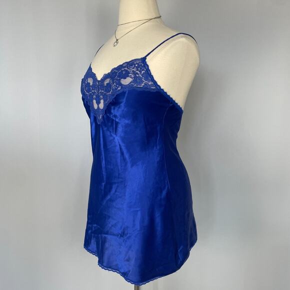 Vintage Slip Dress Size Large Royal Blue Satin Lace Short Mini Lingerie Negligee - Picture 6 of 15